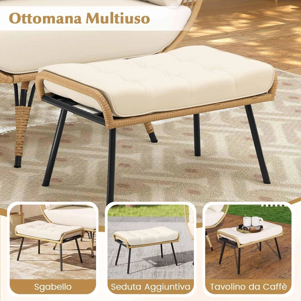 Sedia a Uovo con Poggiapiedi, Set da 2 Pezzi in Rattan con Struttra in Metallo e Cuscini Morbini, Portata 205 kg, Poltrona Relax per Soggiorno, Terrazzo, Giardino e Cortile