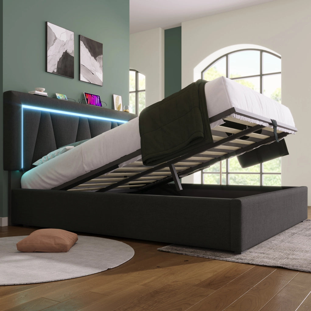 Letto contenitore 160x200 cm con testiera regolabile; LED; USB C; USB; grigio