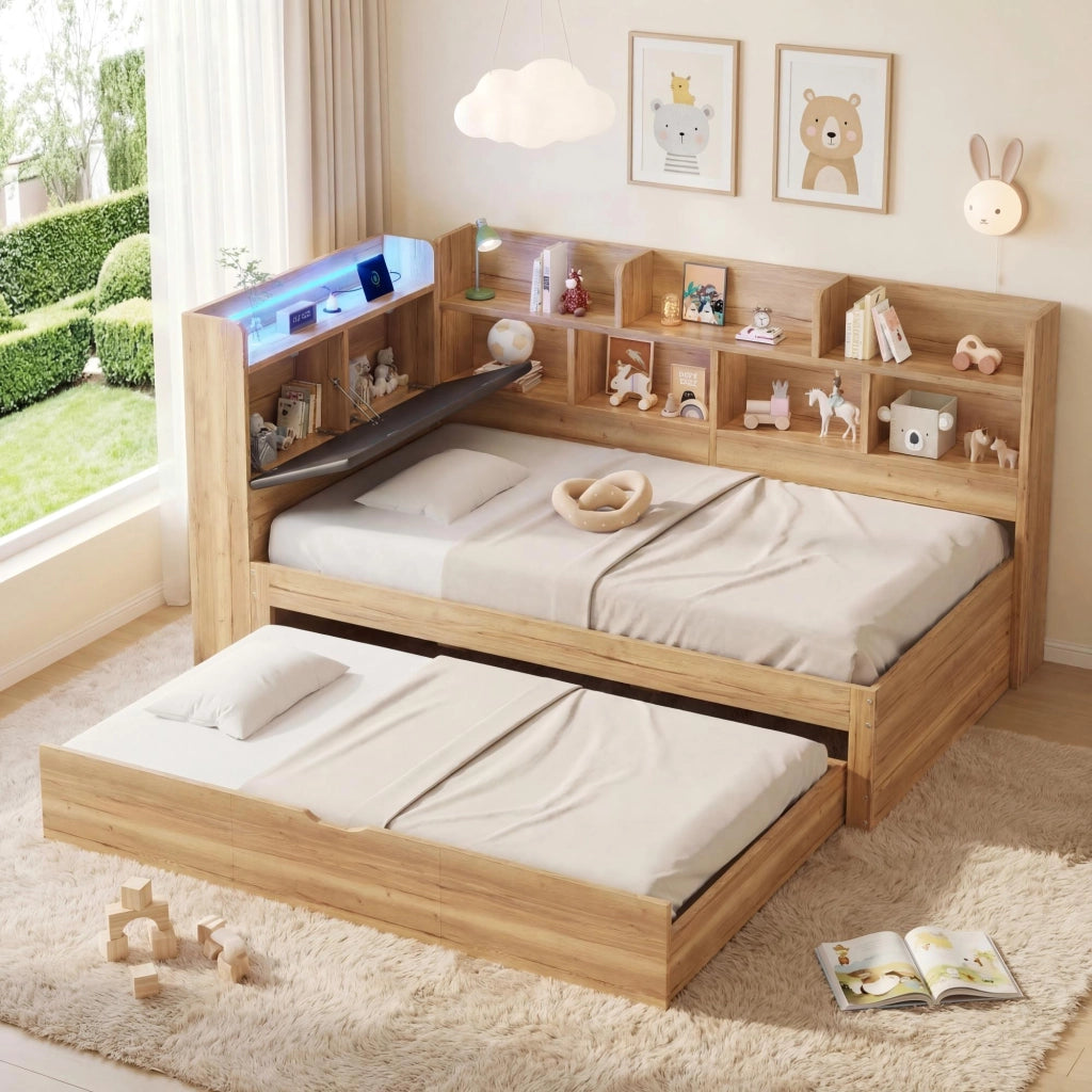Letto Contenitore Singolo con LED e Letto Estraibile ¨C MINIMAL ¨C Legno Naturale 90x200