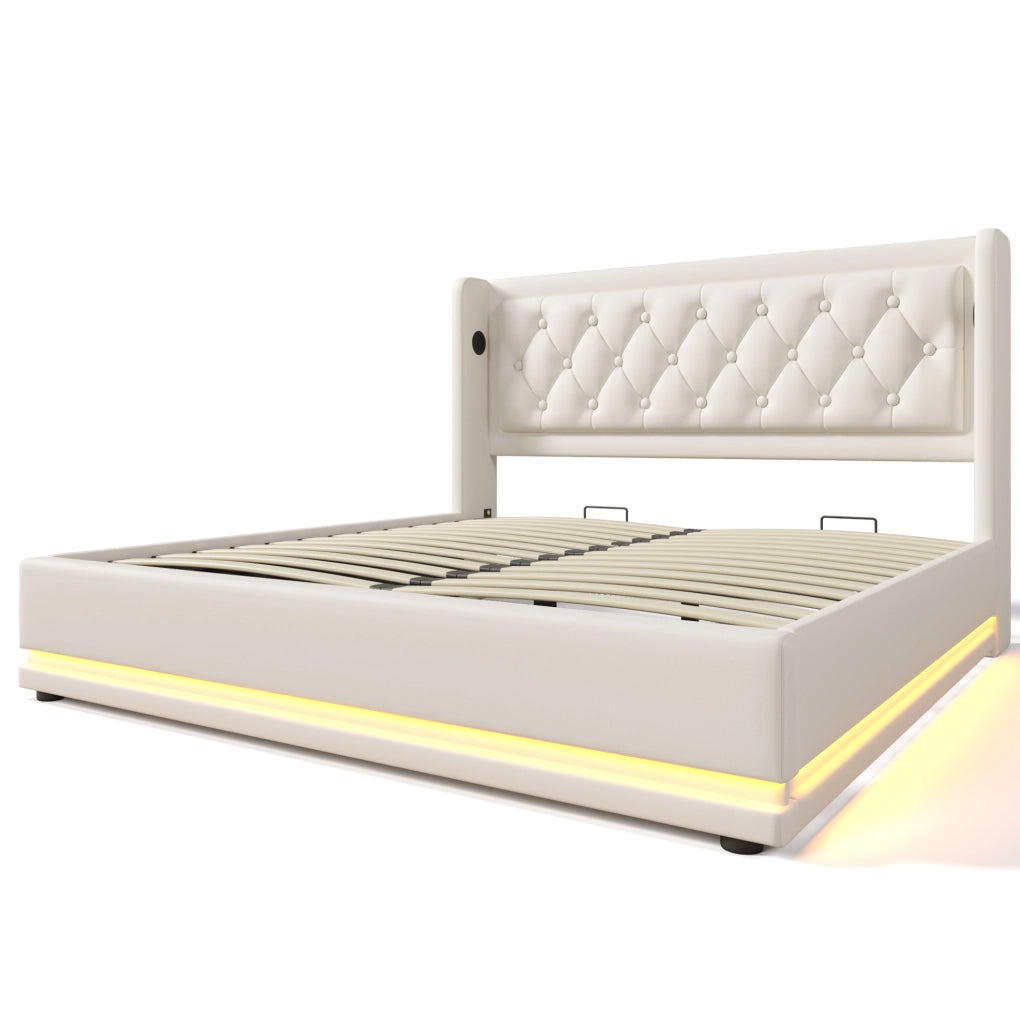 Letto matrimoniale contenitore 140x200 cm in PU bianco; testiera con USB e Type-C; LED