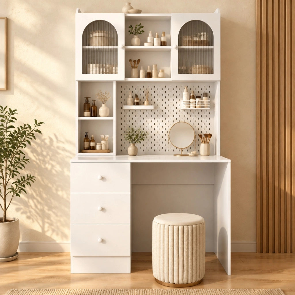 Scrivania con 3 cassetti e pannello forato， MDF bianco 100x55x180 cm
