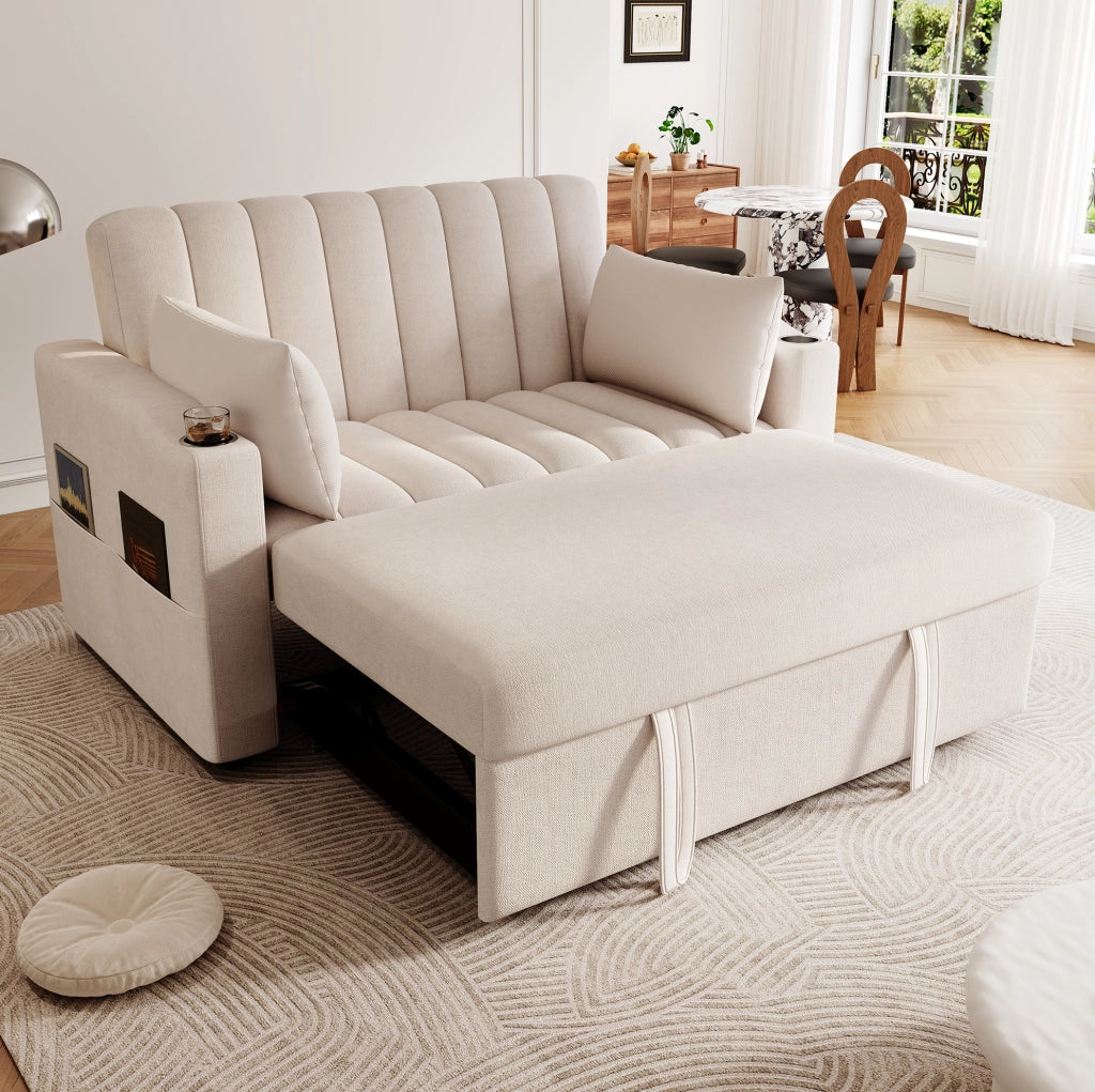Divano letto 2 posti beige multifunzione con schienale regolabile, portabevande e tasche laterali