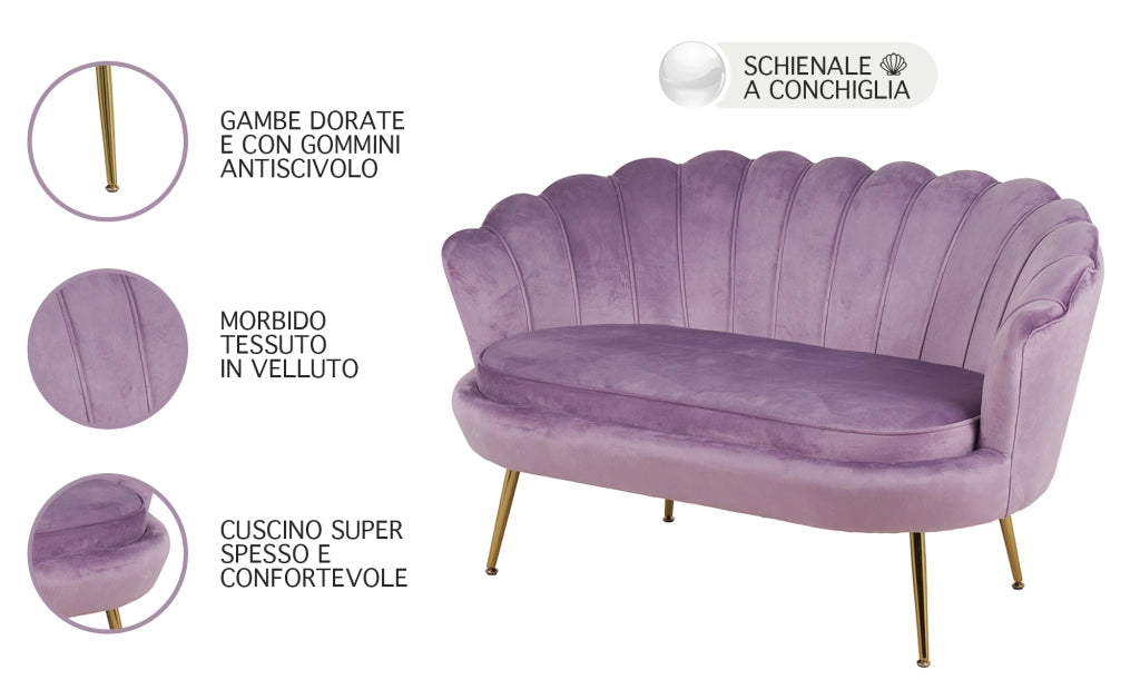 Divano Due 2 Posti In Velluto Forma Conchiglia Gambe In Metallo 133x63x75 Cm Camera Soggiorno Ufficio  Violetto