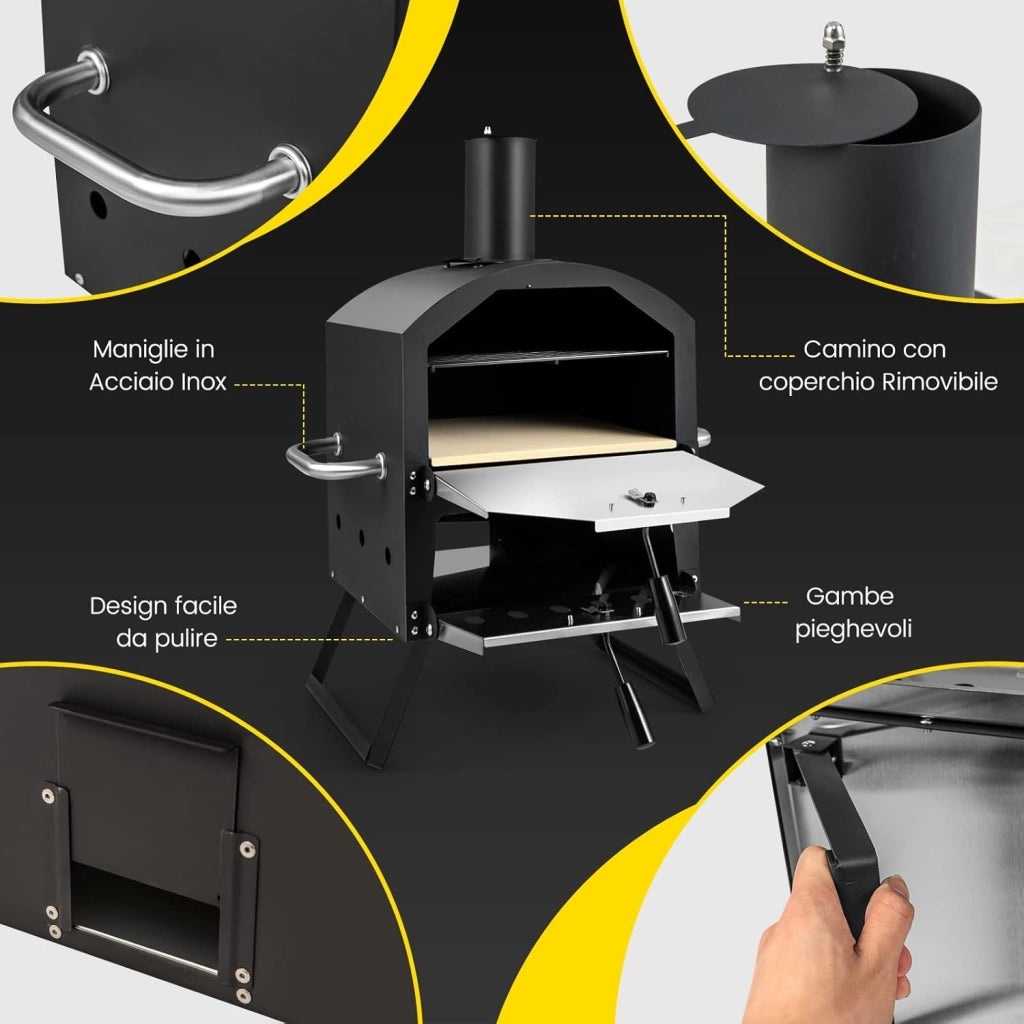 Forno per Pizza da Esterno, Forno a Legna per Pizza con Gambe Pieghevoli, 2 Strati, Pietra per pizza, Pala per Pizza, Copertura Impermeabile, per Picnic, Festa e Campeggio (Modello 6)
