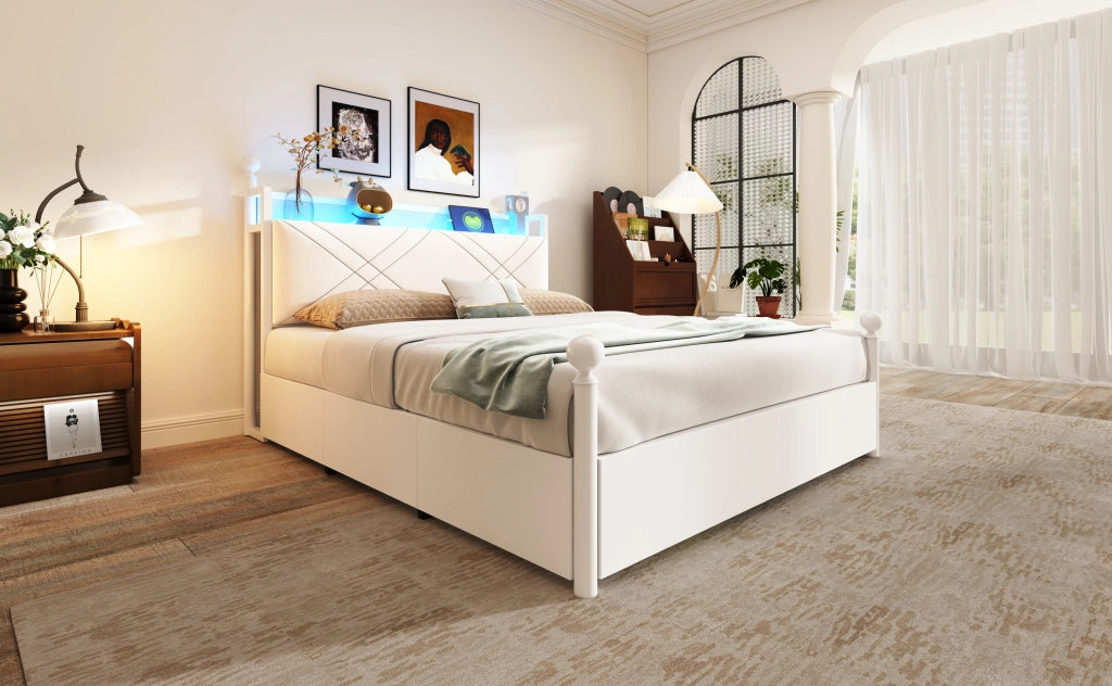 Letto matrimoniale 140 × 190 cm con contenitore, 3 cassetti, LED, USB e Type-C, senza materasso, bianco