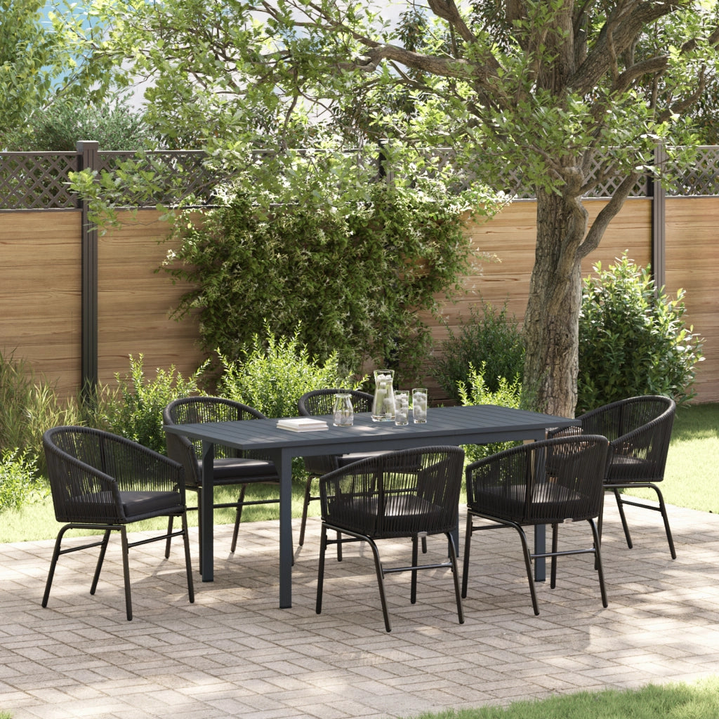 Set pranzo giardino 7 pezzi con cuscini neri in polirattan