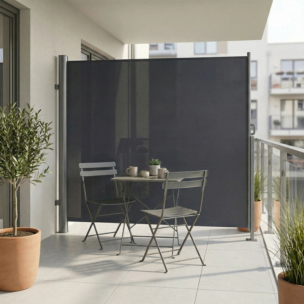 Tenda laterale 300x180H cm. Separè frangivento con sistema di riavvolgimento automatico. Telaio in Alluminio. Colore Grigio antracite.