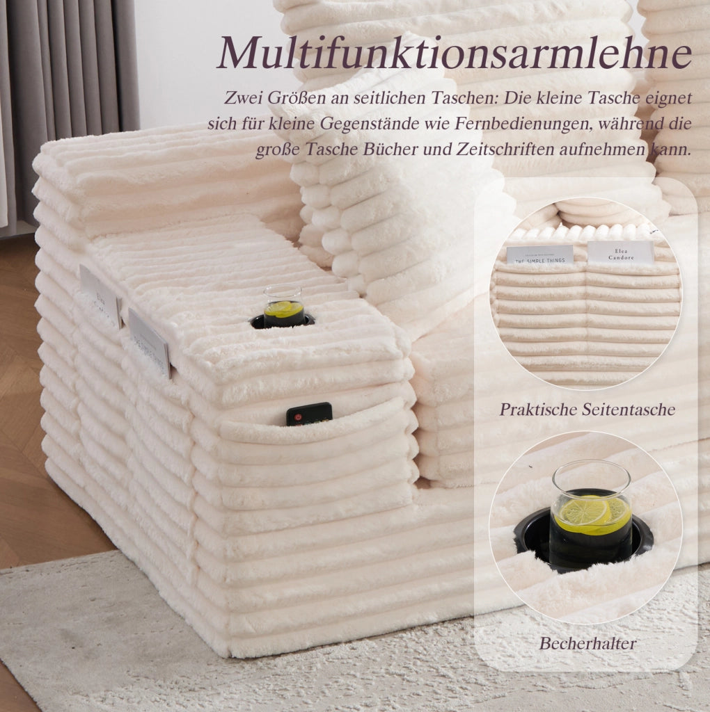 Divano componibile in tessuto corduroy beige 273x98x87 cm; con tasche laterali e portabicchieri