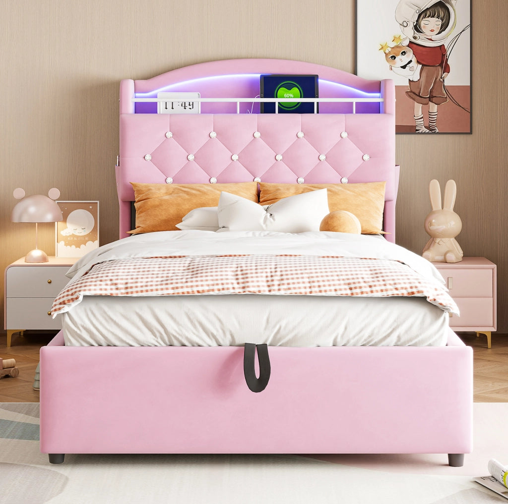 Letto imbottito 90x200 cm; contenitore con LED e USB; tessuto; rosa