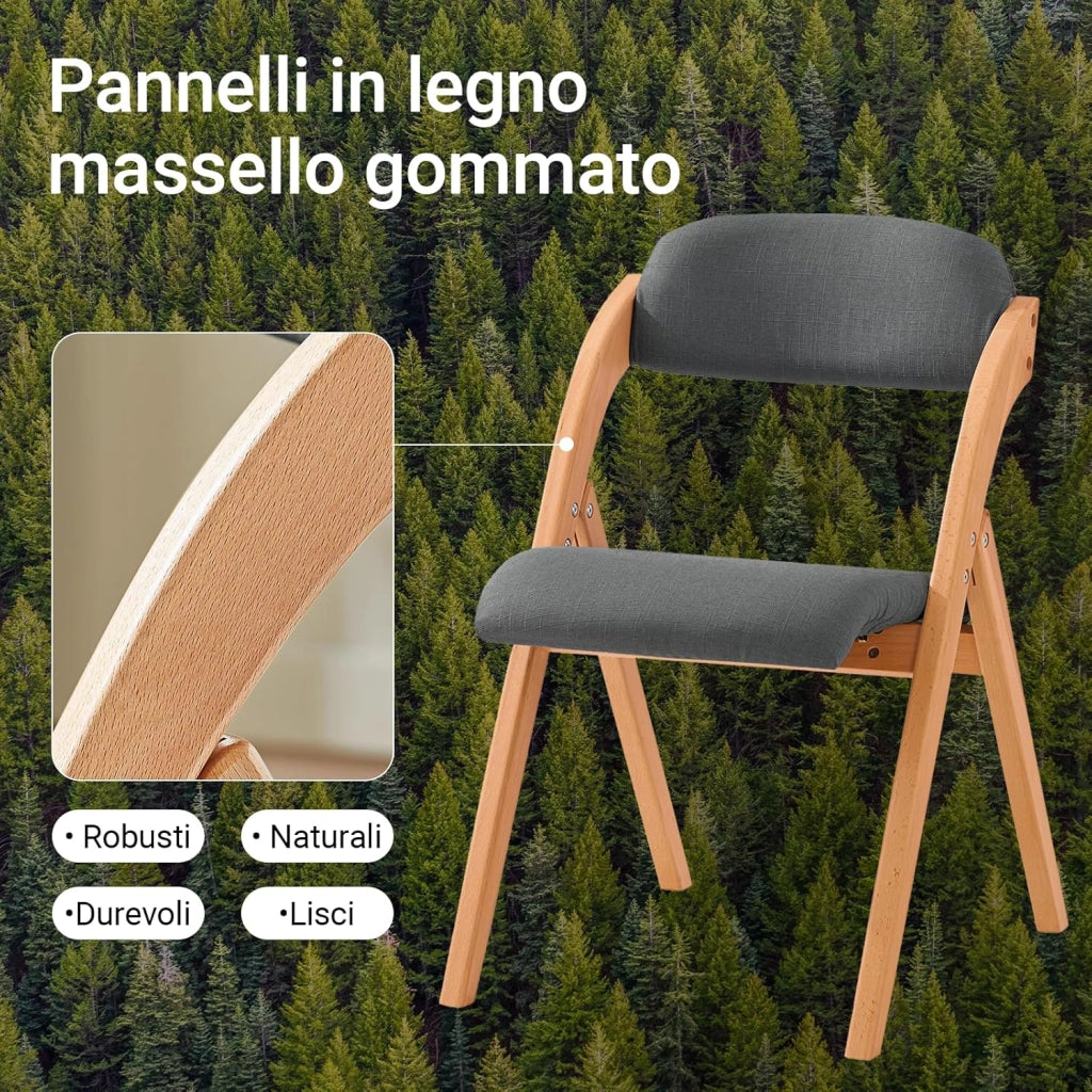 Sedia Pieghevole in Legno Set da 2 Poltrona Imbottita da Cucina, Sedie da Interno per Ufficio, Balcone, Giardino – Sedie Pieghevoli Salvaspazio Richiudibili in Faggio, Grigio Scuro FST92-SGx2