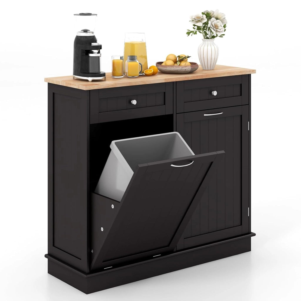 Armadio per Rifiuti da Cucina con Apertura a Ribalta, Mobile per Biancheria Autonomo con Piano in Legno di Gomma, Supporto per Cestino Nascosto, Ripiano Regolabile (Marrone)