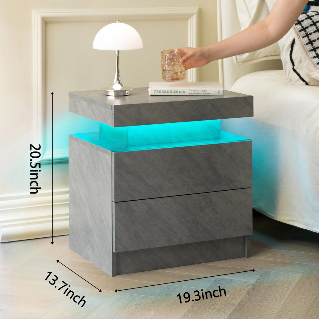 Comodino con 2 cassetti e vano aperto con LED regolabile per camera da letto; 59×45×20 cm; grigio scuro