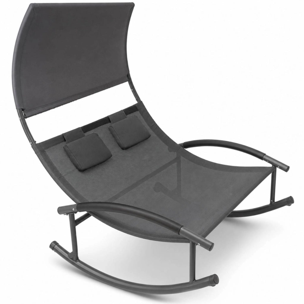 Lettino Due Posti Oscillante Prendisole Con Parasole Incorporato Design Ergonomico In Textilene Traspirante Struttura Acciaio E Cuscini Per Spazi Giardino Piscina Outdoor 140x200x185 Cm Grigio