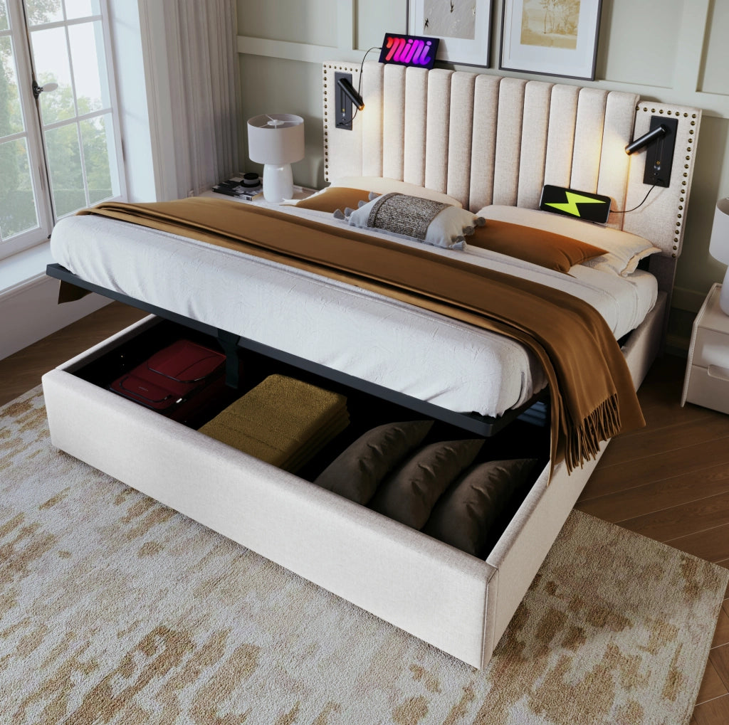 Letto matrimoniale contenitore 140x200 cm in cotone beige con testiera regolabile; luci lettura e USB