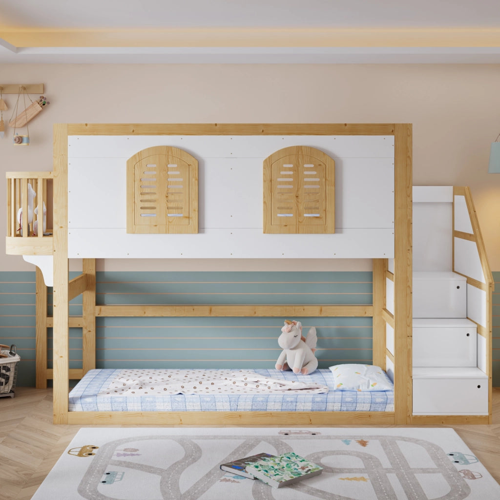 LETTO A CASTELLO 90x200 cm con scaletta contenitore, legno bianco/naturale