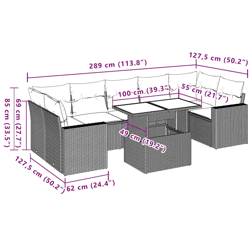 Set Divano da Giardino 8pz con Cuscini Grigio Chiaro Polyrattan