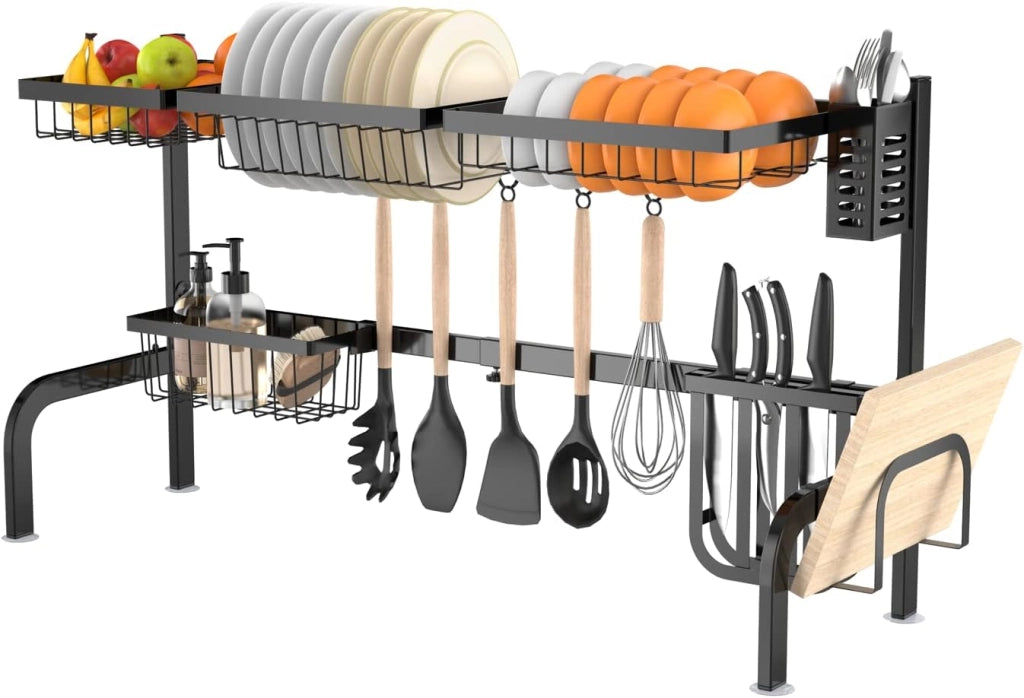 Scolapiatti a 2 livelli con lunghezza regolabile, grande essiccatore per stoviglie sopra il lavello antiruggine, supporto per stoviglie a doppio strato, per bancone da cucina, nero