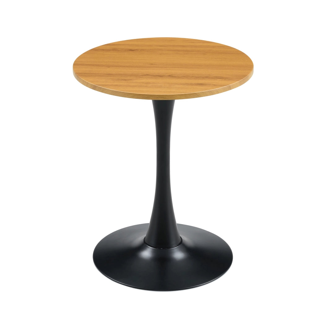 Tavolo da pranzo rotondo con base centrale, piano in MDF effetto legno, stile mid-century, per soggiorno, nero e legno