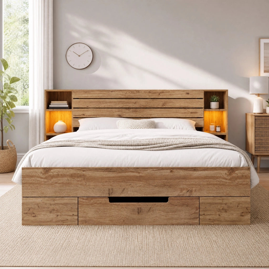 Letto matrimoniale 160x200 con testiera contenitore, LED e porte USB