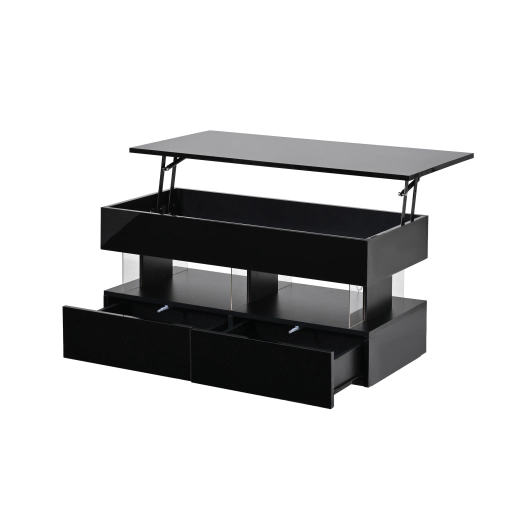 Tavolino regolabile in altezza, lucido, con luci a LED, 2 cassetti, in MDF + acrilico, 100 x 50 x 46 cm, nero
