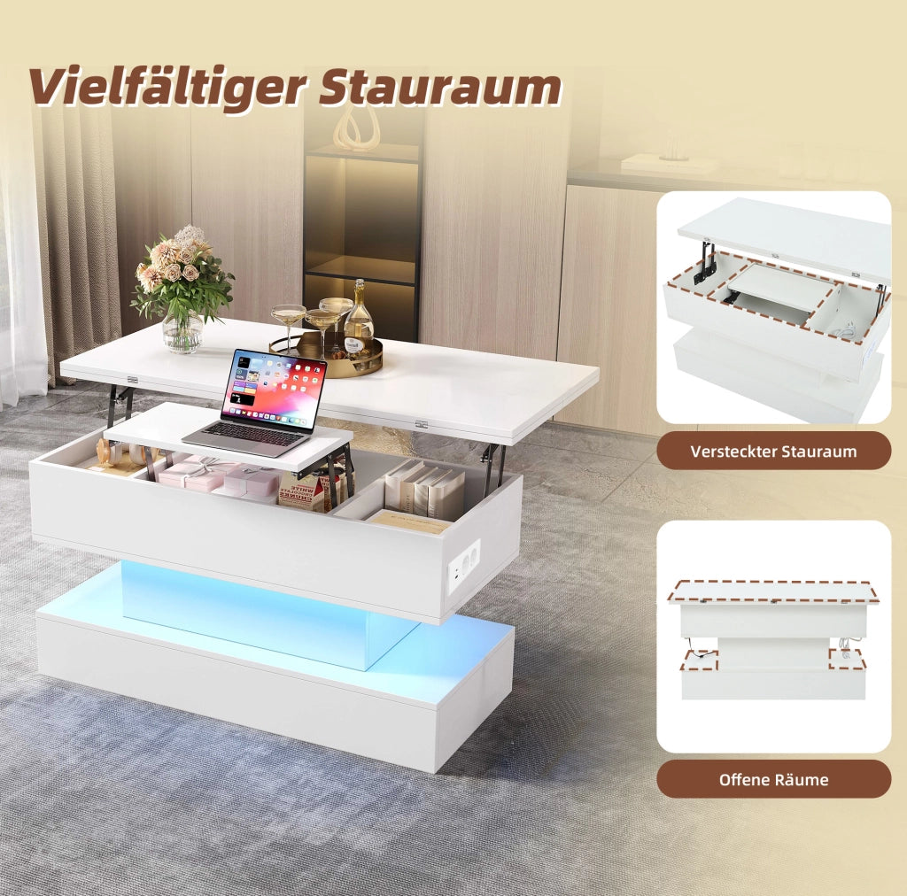 Tavolino da salotto elevabile e allungabile 100 x 50 cm; con vano contenitore; LED; USB e Type-C; bianco