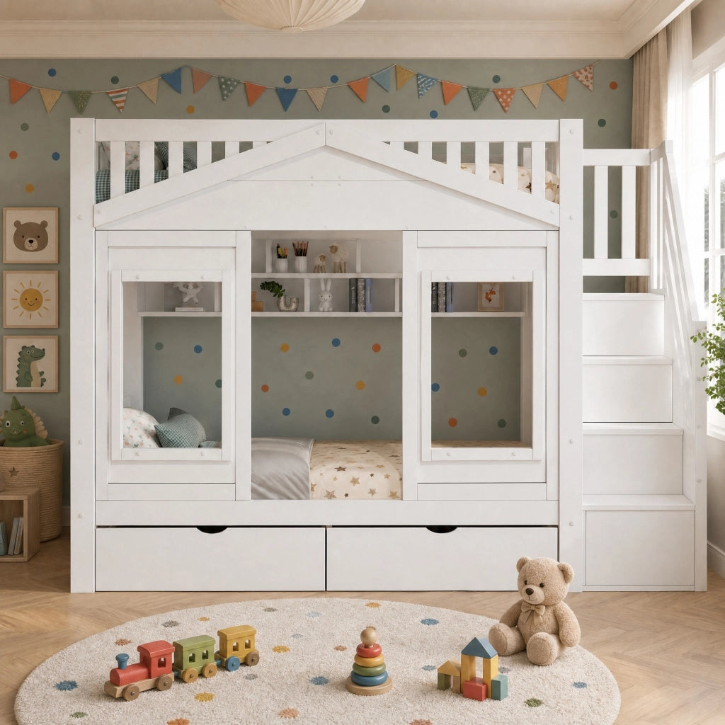 Letto a casetta con scale contenitore a destra, 90x200 cm, bianco, in pino massiccio e MDF