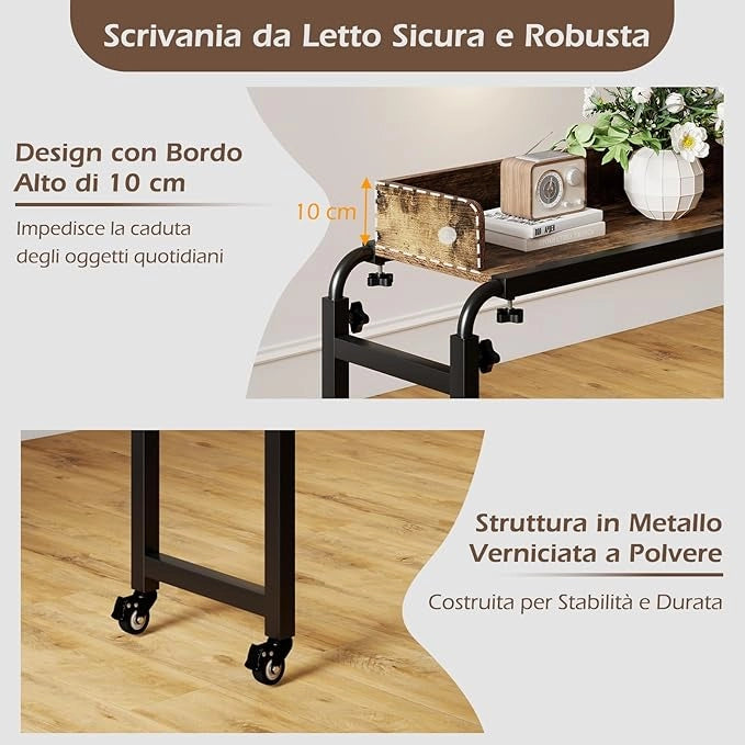 Scrivania Sopra-il-Letto con Ruote, Scrivania per Letto con Altezza e Lunghezza Regolabili, Telaio in Metallo, Mbile Portatile e Versatile per Camera da Letto, Soggiorno e Ospedale