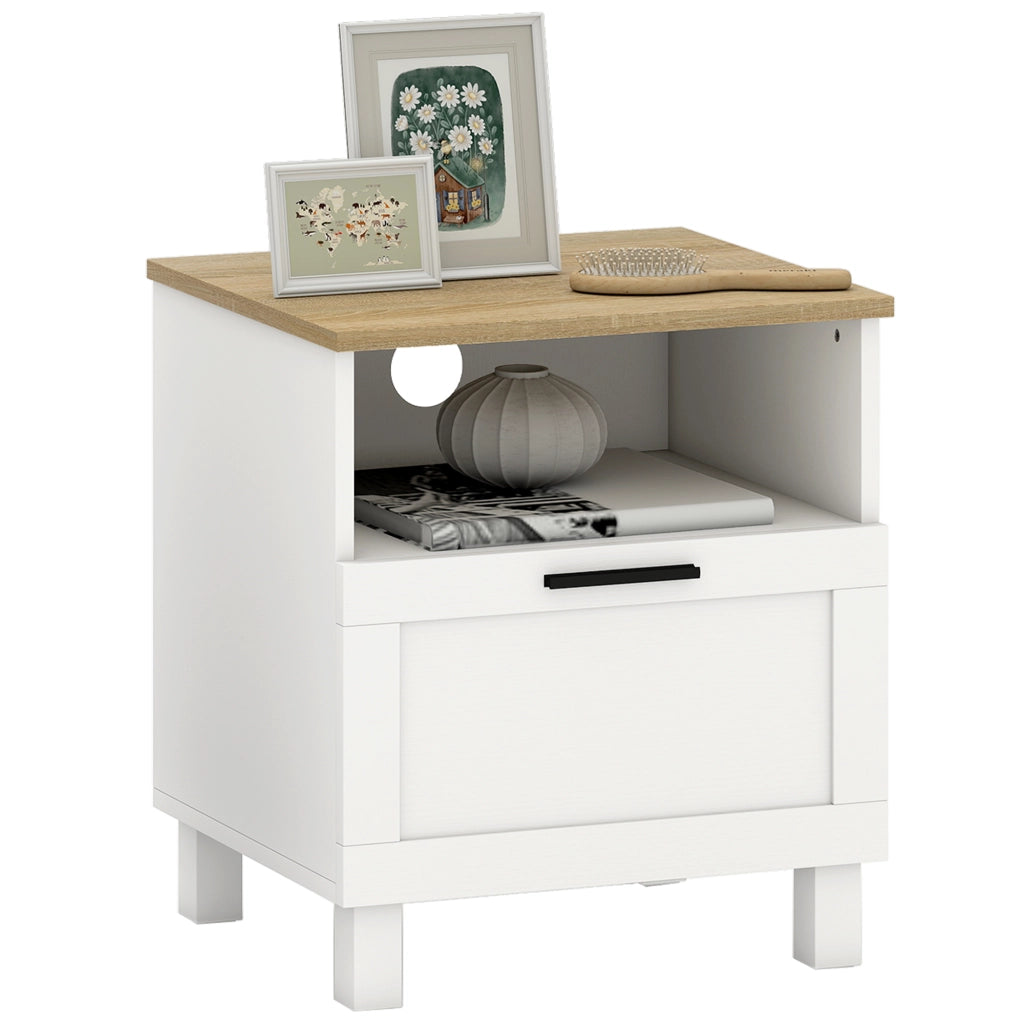 Comodino con Cassetto e Ripiano Aperto ¨C zephmum ¨C Legno, Bianco e color Legno, 45x38x50 cm