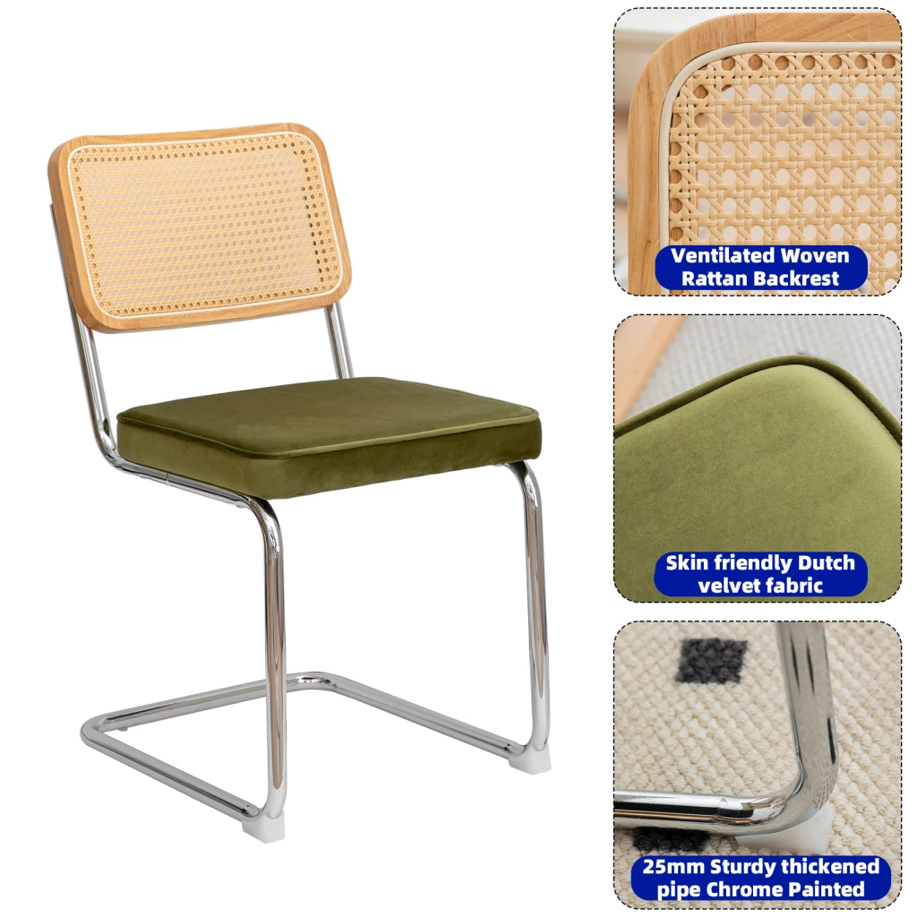 Sedie da Pranzo Set 4 Pezzi ¨C MINIMAL ¨C Velluto e Rattan, Gambe in Metallo, Imbottite, Moderne