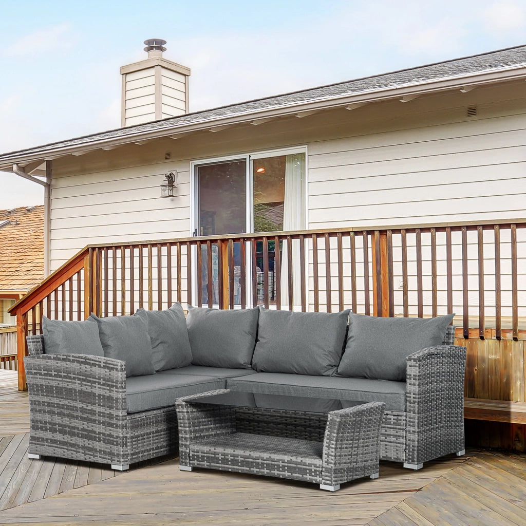 EasyComfort Set Mobili da Giardino in Rattan PE da 4 Pezzi, Salotto con Divano Angolare e Tavolino con Vetro, Cuscini Imbottiti e Sfoderabili, Grigio