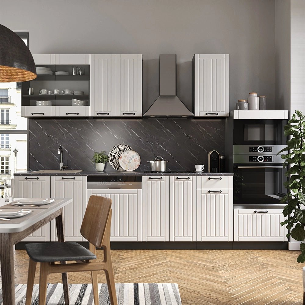 Cucina componibile Fame-Line Bianco rustico/Antracite 300 cm con armadio alto, PL Marmo Vicco