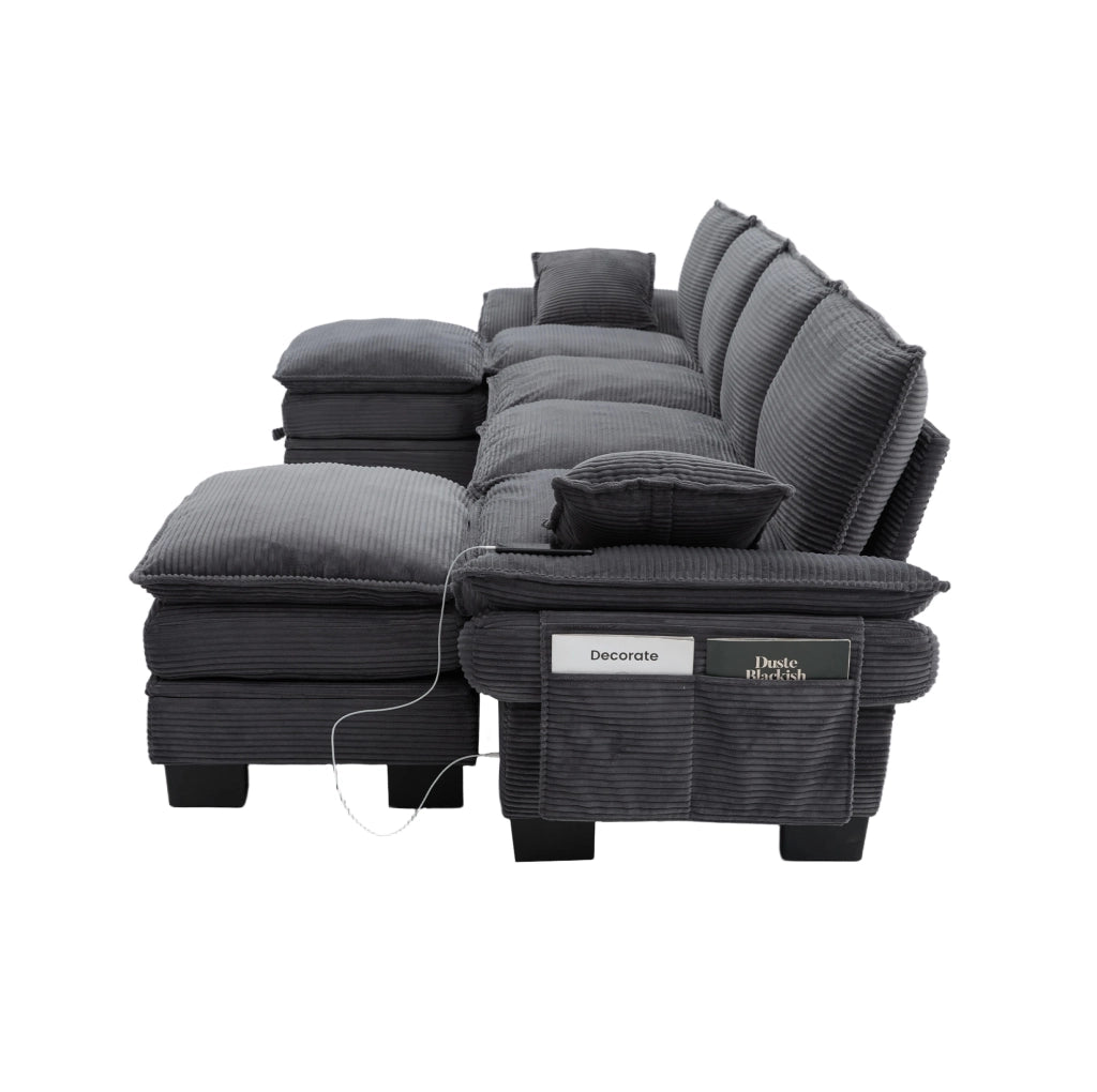 Divano modulare 4 posti in corduroy grigio scuro 330x132x84 cm con 2 pouf e USB-C