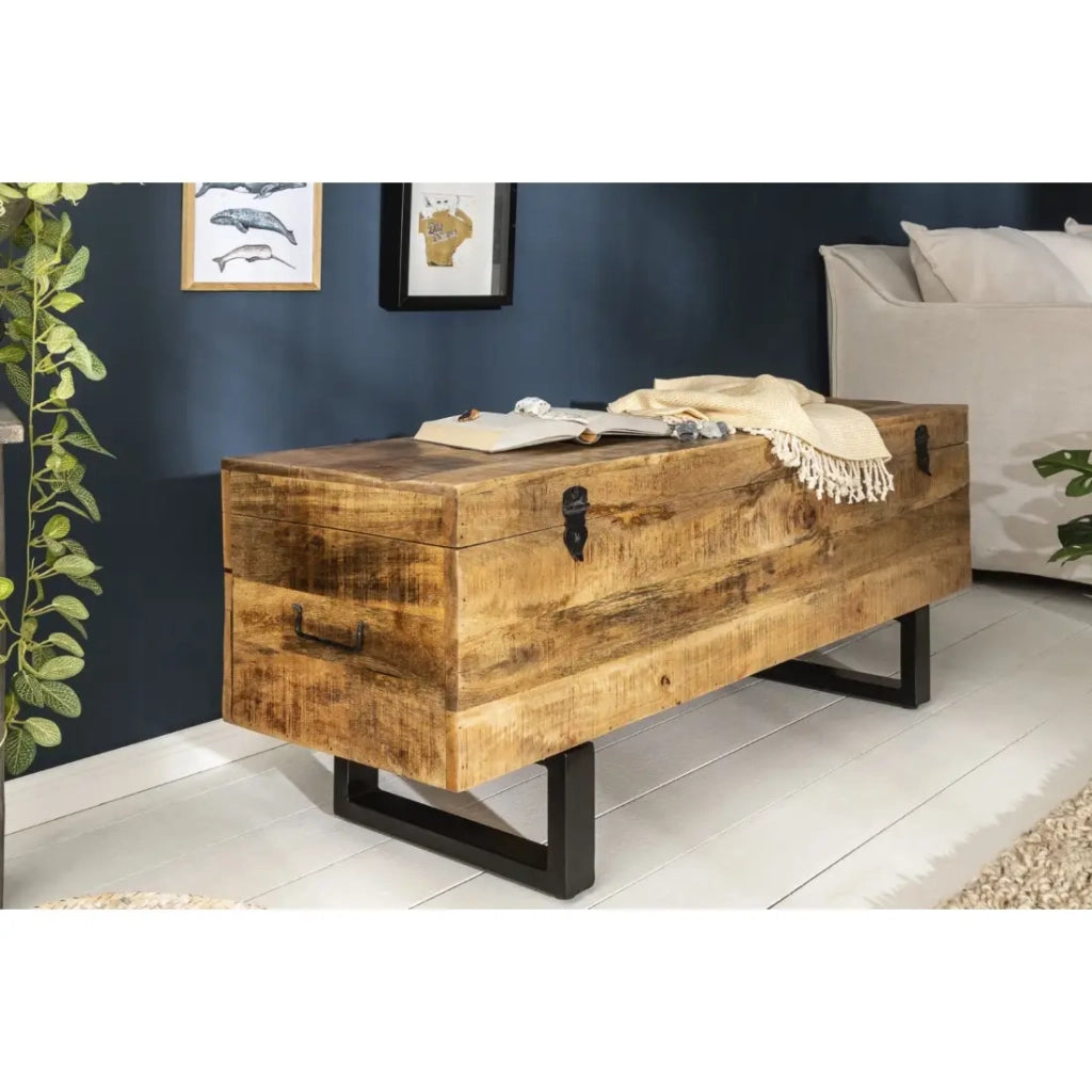 Tavolino basso o panca contenitore MERAX 115 cm in legno massiccio di mango e metallo stile industriale