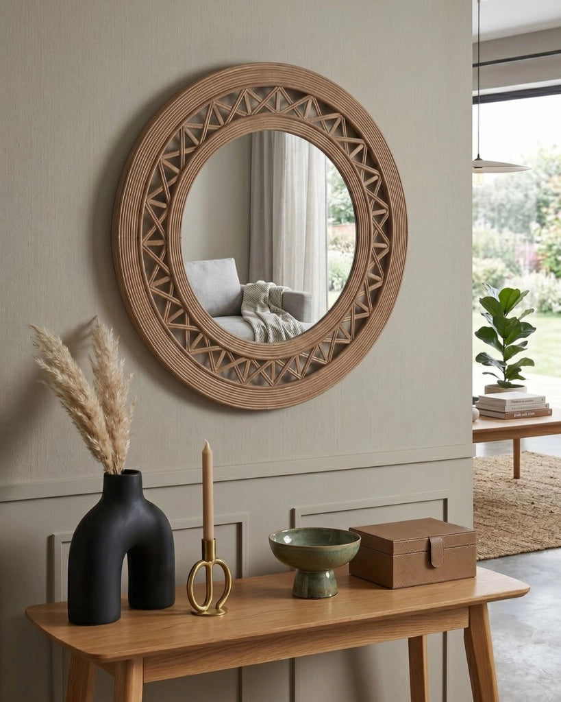 Specchio da parete in legno di bambù marrone chiaro rotondo 62 cm cornice fatta a mano motivo geometrico decorativo Boho rustico