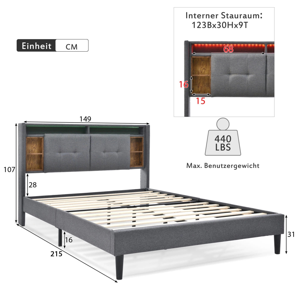 OKWISH Letto Contenitore 140×200 cm, Letto Matrimoniale con Testiera Contenitore, USB, Prese e LED Regolabile, senza Materasso, Grigio