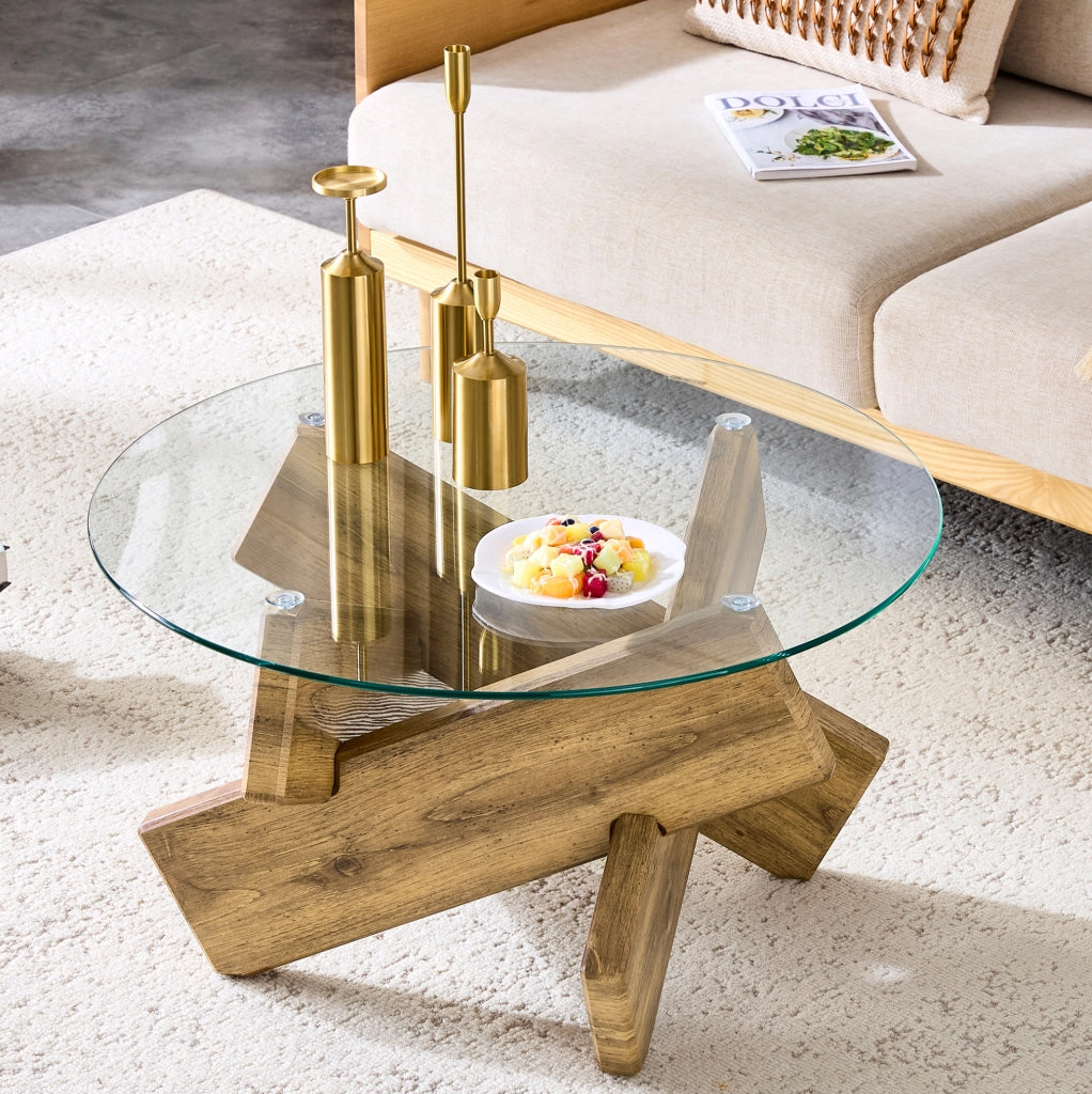 Tavolino da caffè rotondo 79 cm in MDF e vetro trasparente; struttura a croce; colore legno