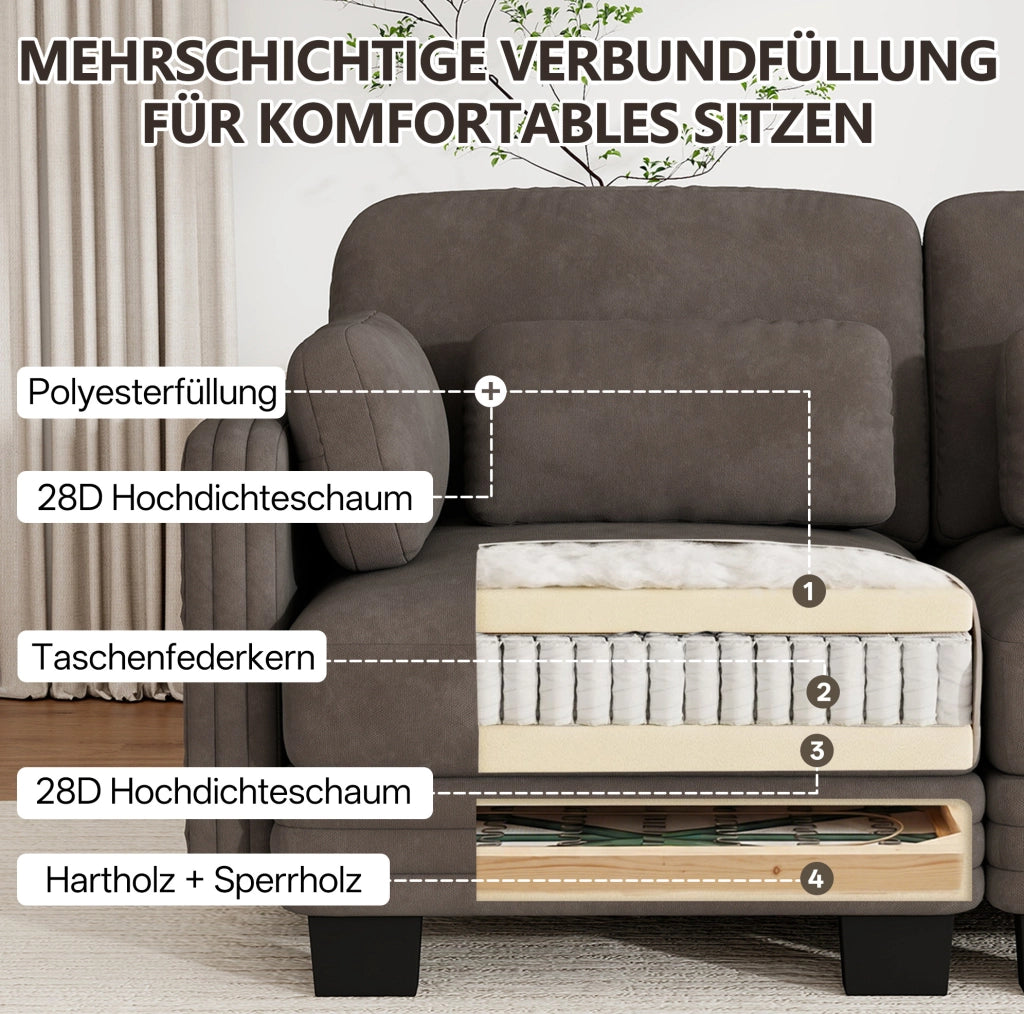 Divano modulare 253x143x88 cm in chenille con pouf e cuscini mobili; marrone
