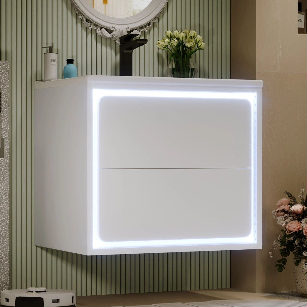 Mobile bagno sospeso 60x46x50 cm bianco con lavabo integrato in ceramica, 2 cassetti, luce LED con sensore radar, struttura in MDF