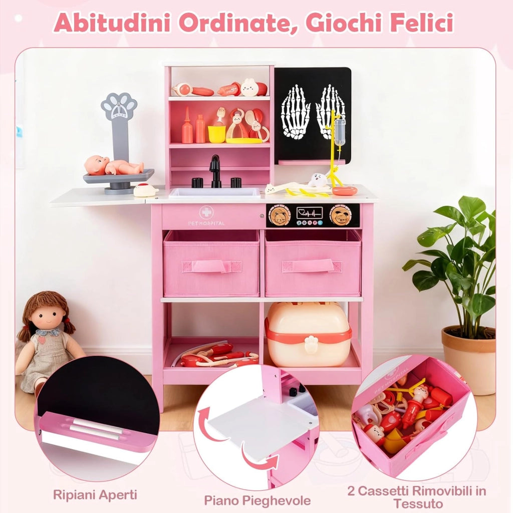 Kit Medico Giocattolo in Legno, Centro Veterinario Pieghevole con Bilancia Animali e 22 Accessori, Gioco Educativo Simulazione Dottore, Regalo per Bambini 3-6 Anni (Rosa)