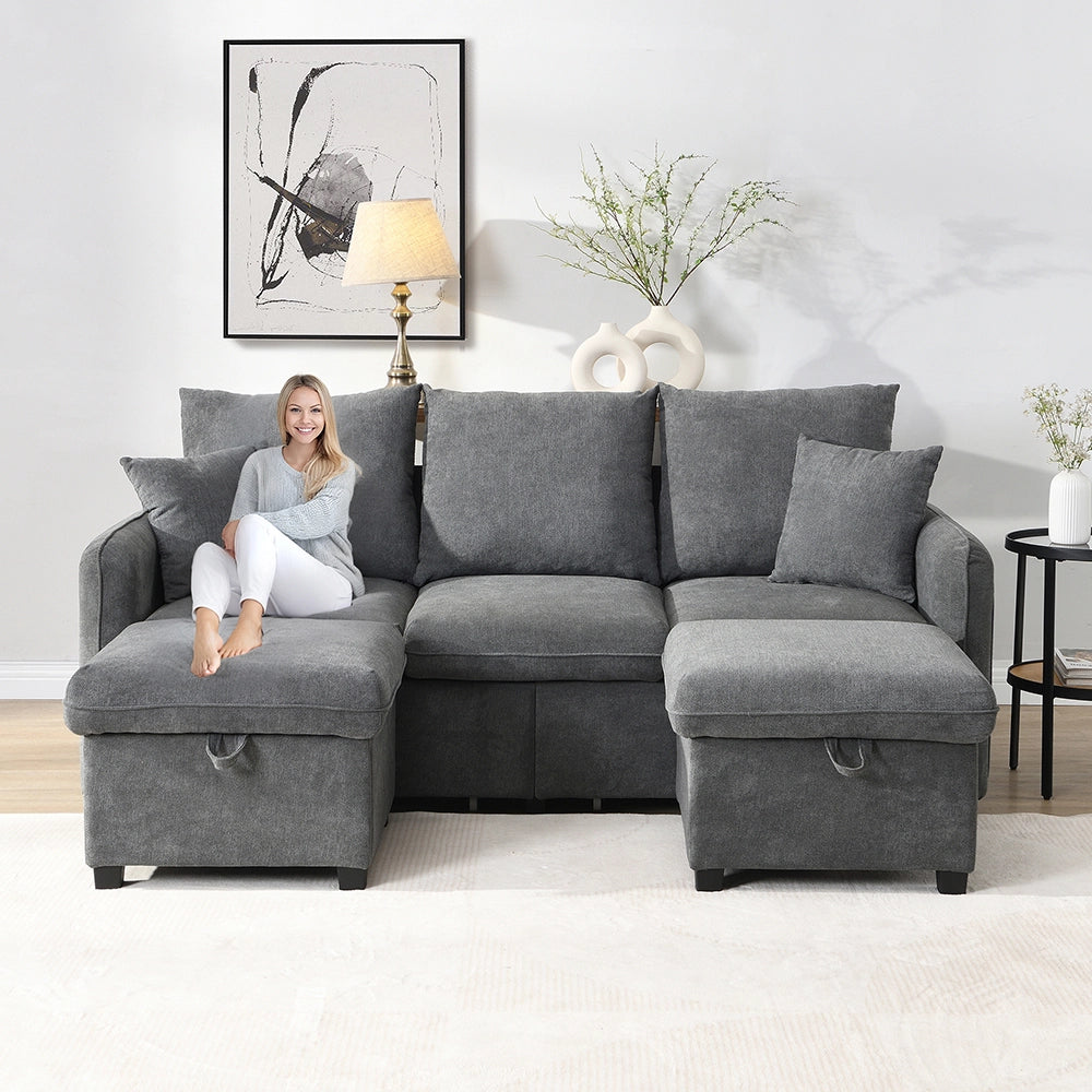 Divano angolare - Xylo - 3 posti modulare cassetti+pouf chenille