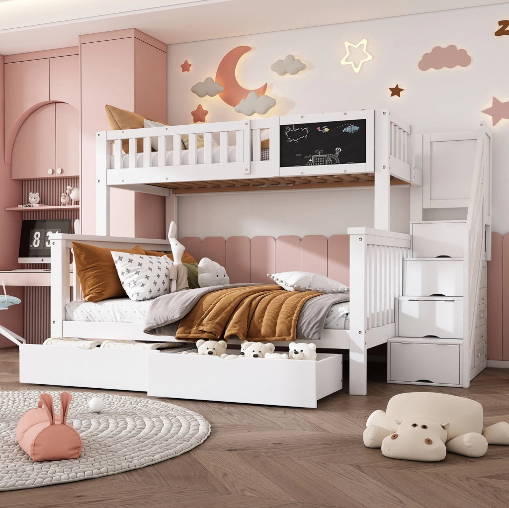 Letto a castello per bambini con lavagna e cassetti; 90x200 + 140x200; bianco