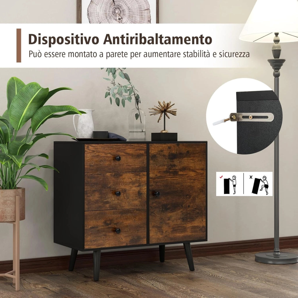 Mobiletto Multiuso con 3 Cassetti e 1 Armadio, Armadietto con Gambe di Legno e Altezza del Ripiano Regolabile, Ideale per Ingresso, Soggiorno e Cucina, 73 x 40 x 76 cm