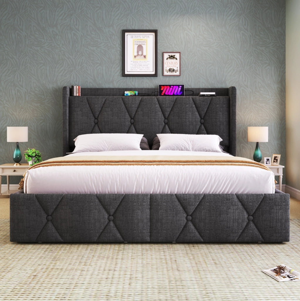 Letto matrimoniale 140x200 cm con 4 cassetti; USB e prese; tessuto grigio