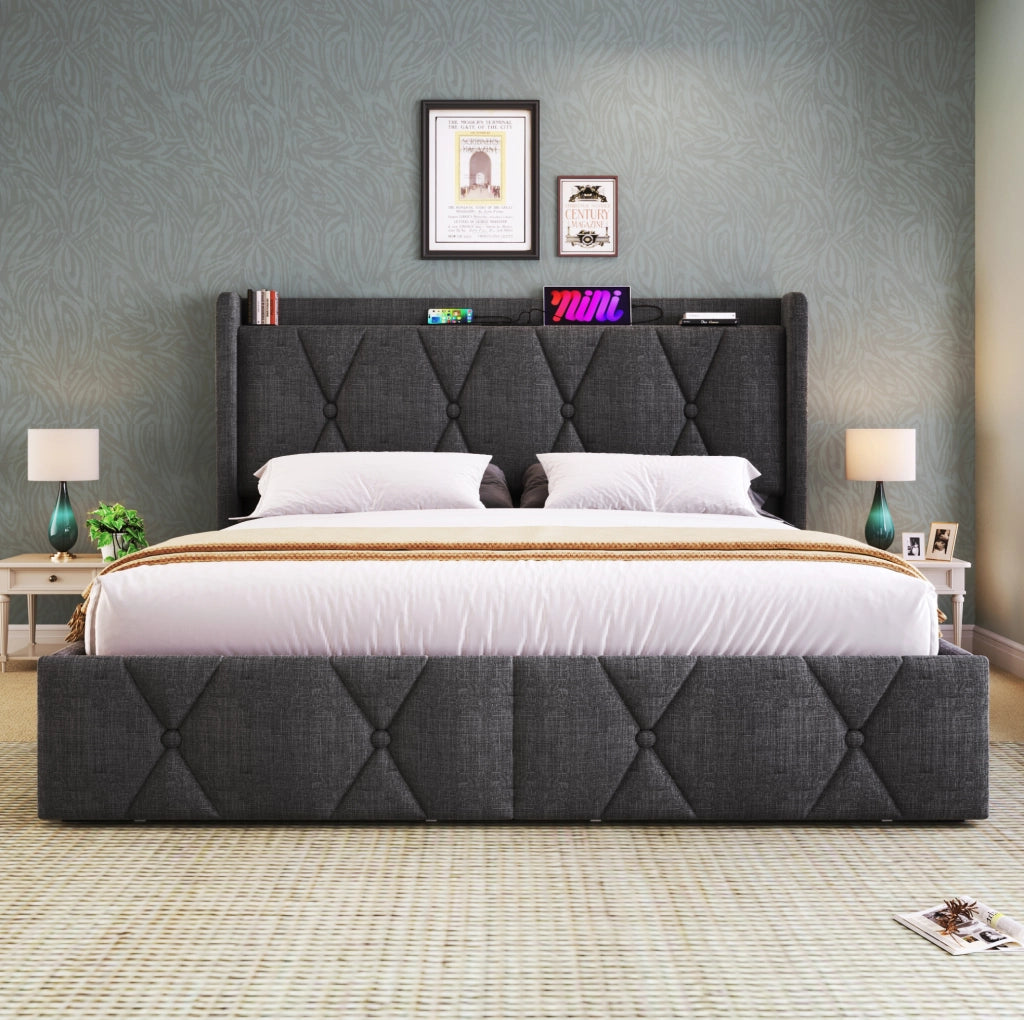 Letto matrimoniale 140x200 cm con 4 cassetti; USB e prese; tessuto grigio