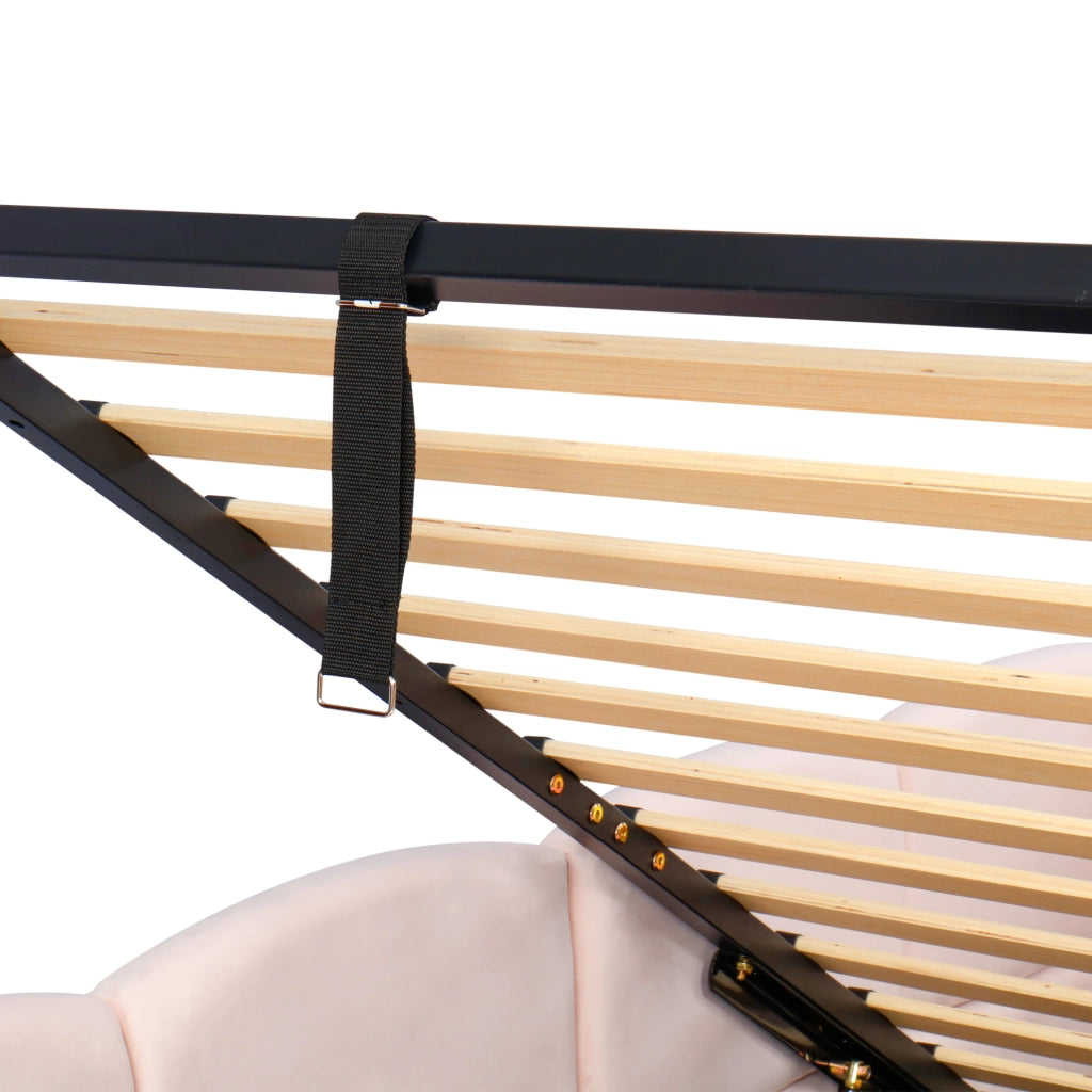 Letto singolo imbottito 90x200 cm con contenitore idraulico; USB-A e USB-C; velluto rosa