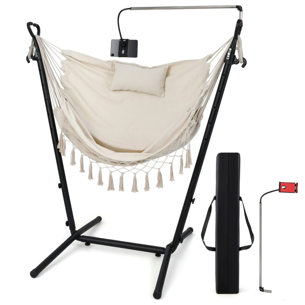 Sedia amaca sospesa con supporto cuscino e tasca laterale, Sedia appesa regolabile in altezza Beige-Amache e supporto