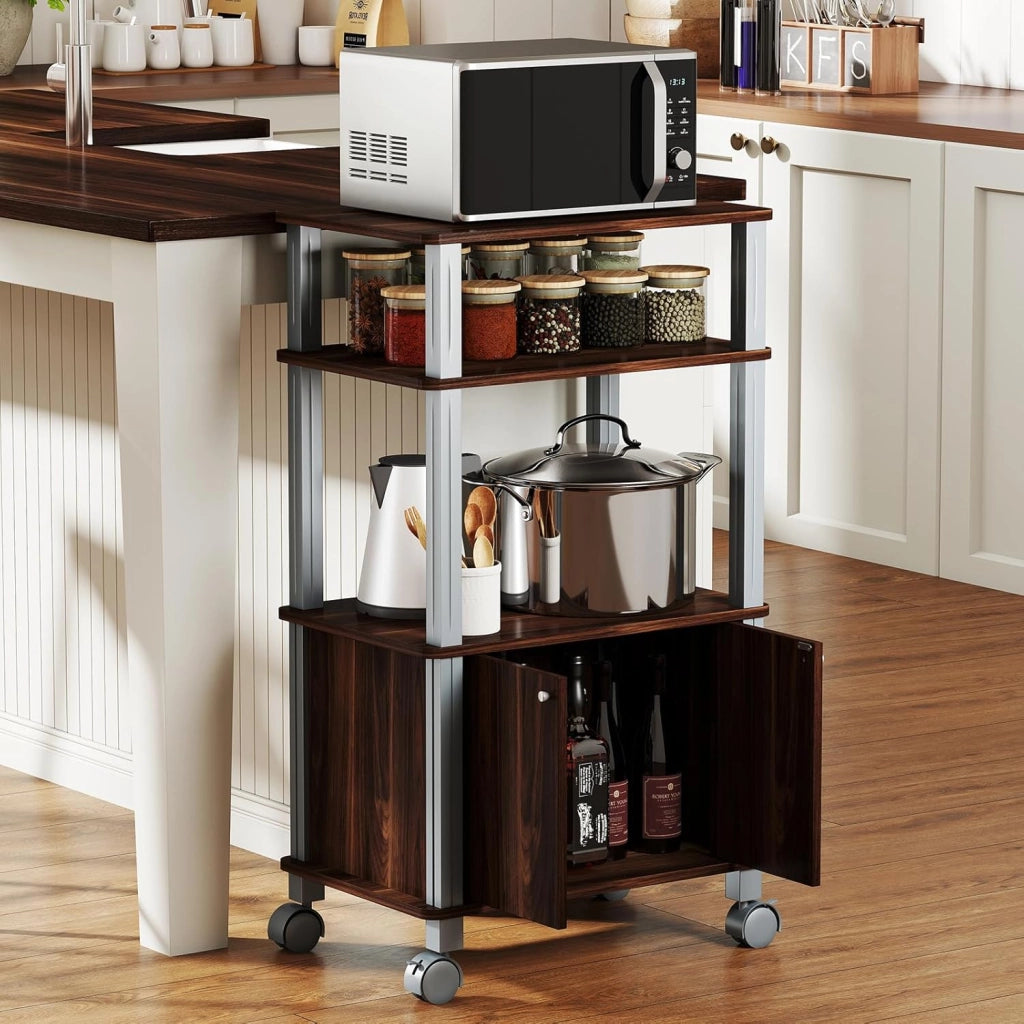Scaffale da Cucina per Microonde Carrello da Cucina, con Ruote e 2 Ante, Multifunzionale e Movimento Flessibile, 60x40x98 cm (Caffè)