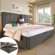 Letto imbottito di dimensioni 160x200 cm con sistema di carico idraulico e lenzuola grigie