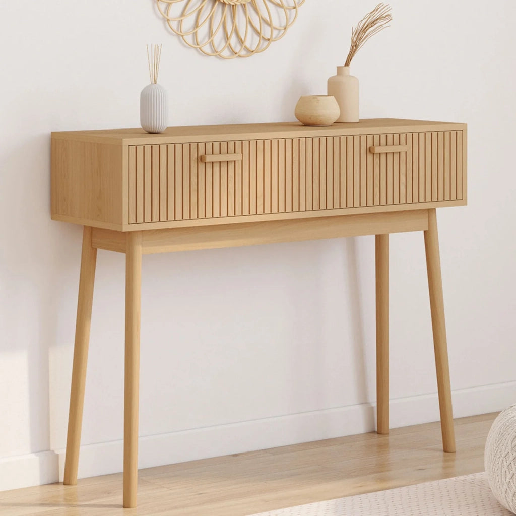 IDMarket - Consolle a 2 cassetti JULIETTE con doghe in legno color rovere