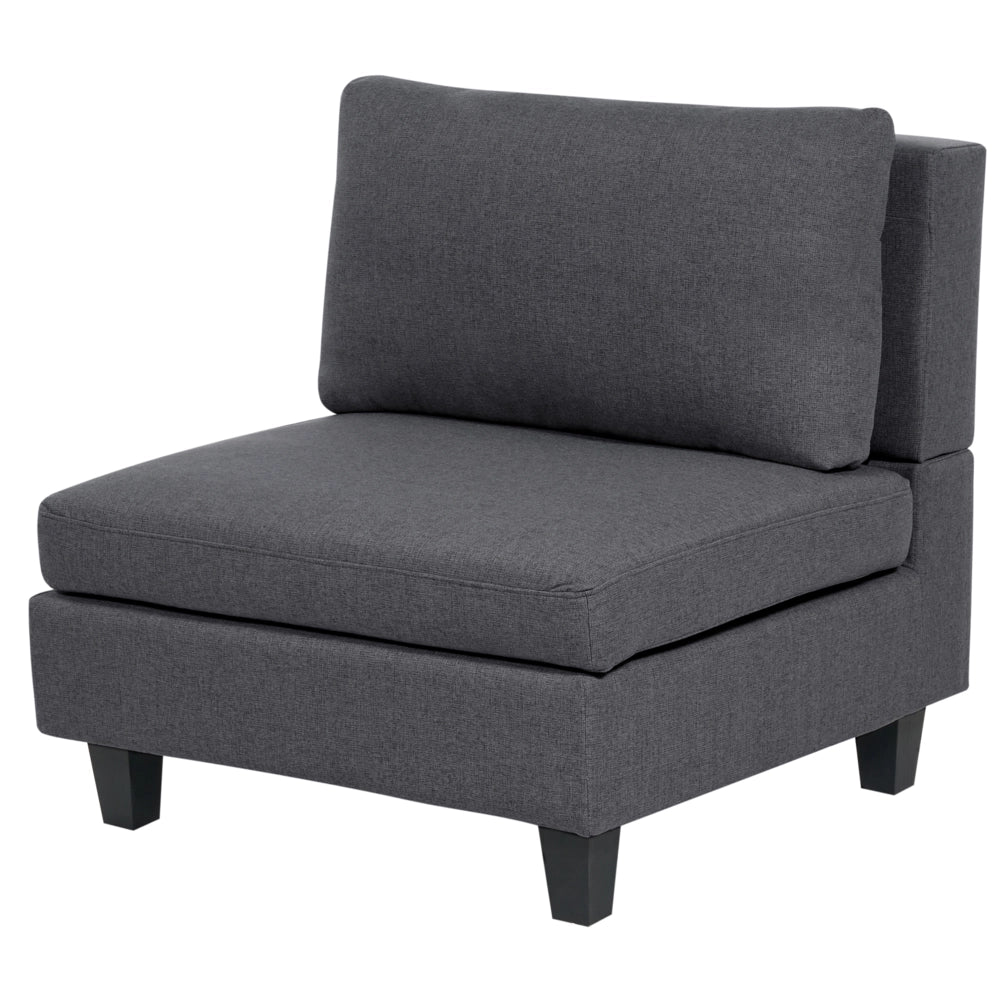 Divano componibile a 5 posti imbottito lato sinistro in tessuto grigio scuro con gambe nere e pouf stile moderno